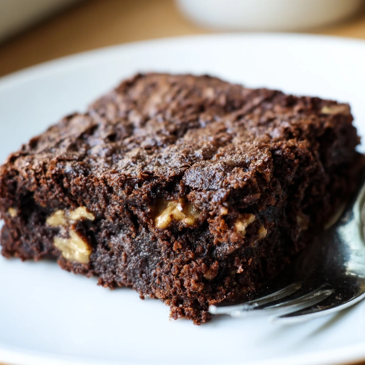 Rich chocolate brownies dusted with cocoa powder, served warm with melting vanilla ice cream
