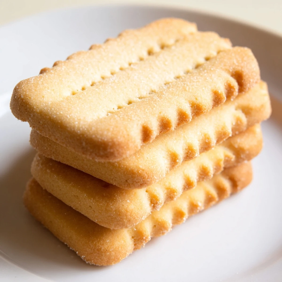 Buttery Petit Beurre cookies stacked beside a steaming mug of coffee for dunking