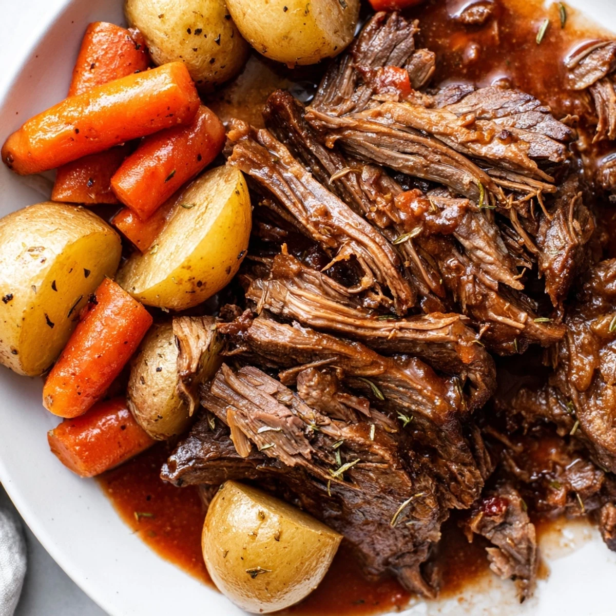 Tender perfect pot roast surrounded by carrots and potatoes in rich brown gravy