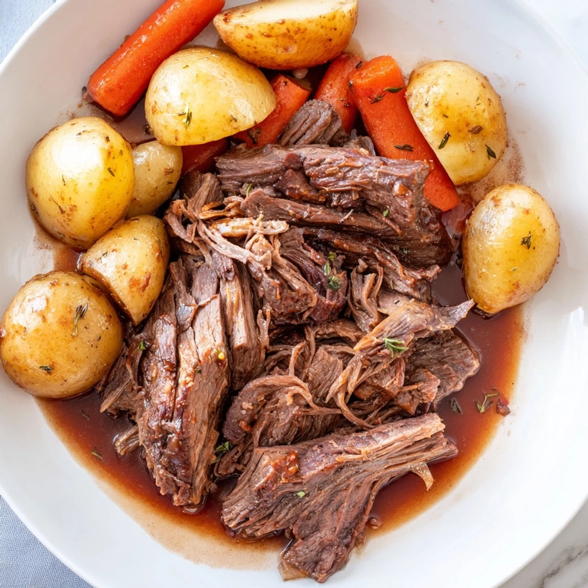 Perfect pot roast sliced thick and served with fork-tender root vegetables and herbs