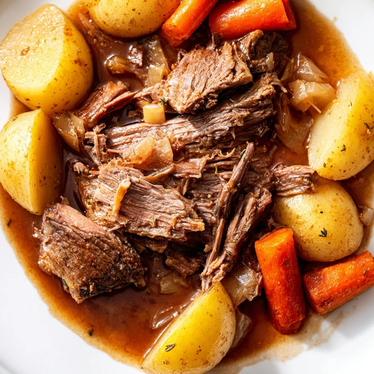 Hearty perfect pot roast in a Dutch oven with golden potatoes and aromatic pan juices