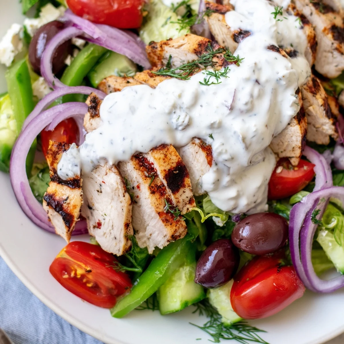 Bright Mediterranean vegetables and Kalamata olives surround tender chicken in this Greek chicken salad with creamy whipped feta