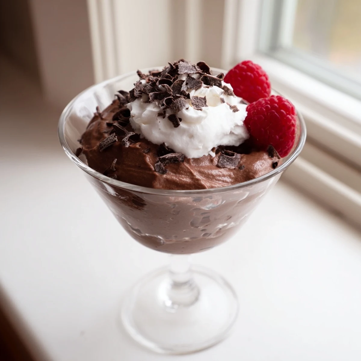 Creamy chocolate mousse served in elegant glasses topped with whipped cream