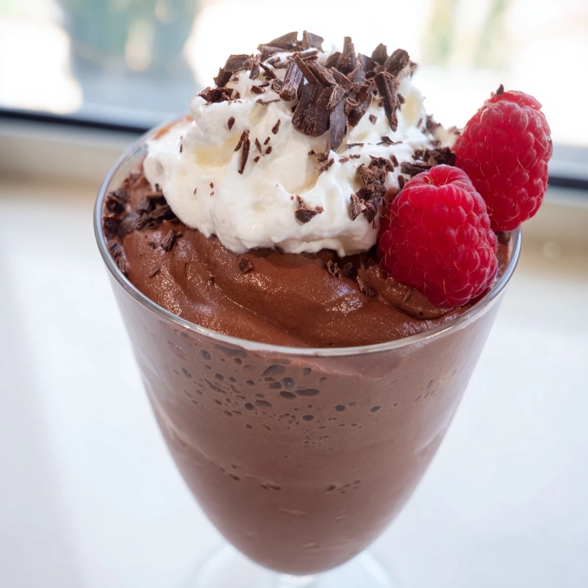 Rich and airy chocolate mousse garnished with dark chocolate shavings and berries