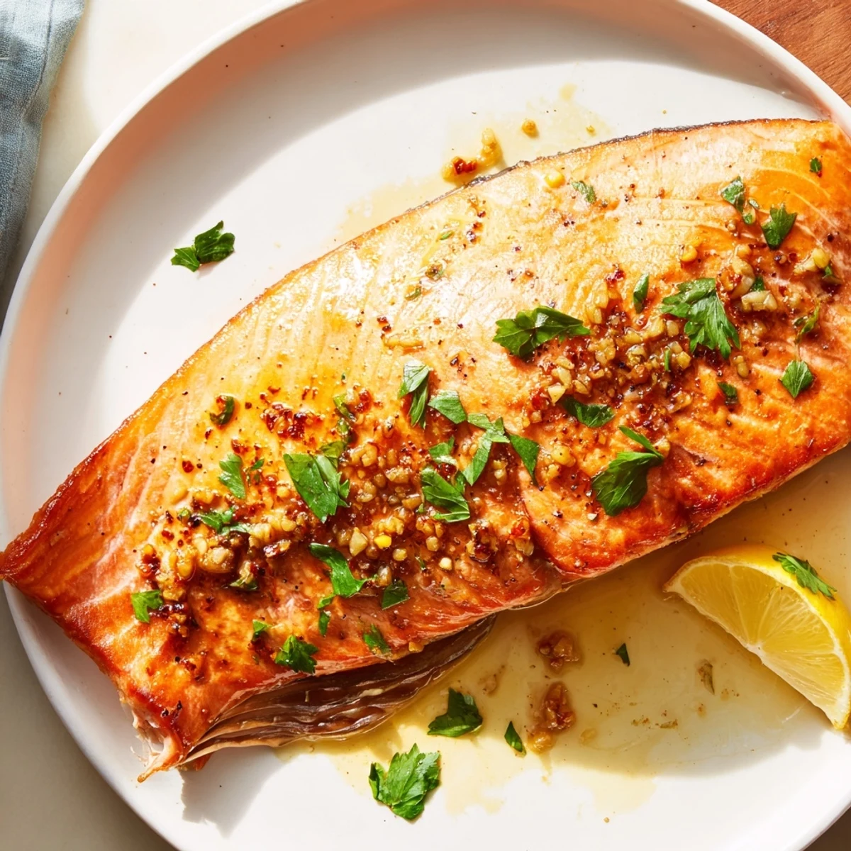 Golden garlic butter salmon fillets glistening in a rich, lemony skillet sauce with fresh parsley.