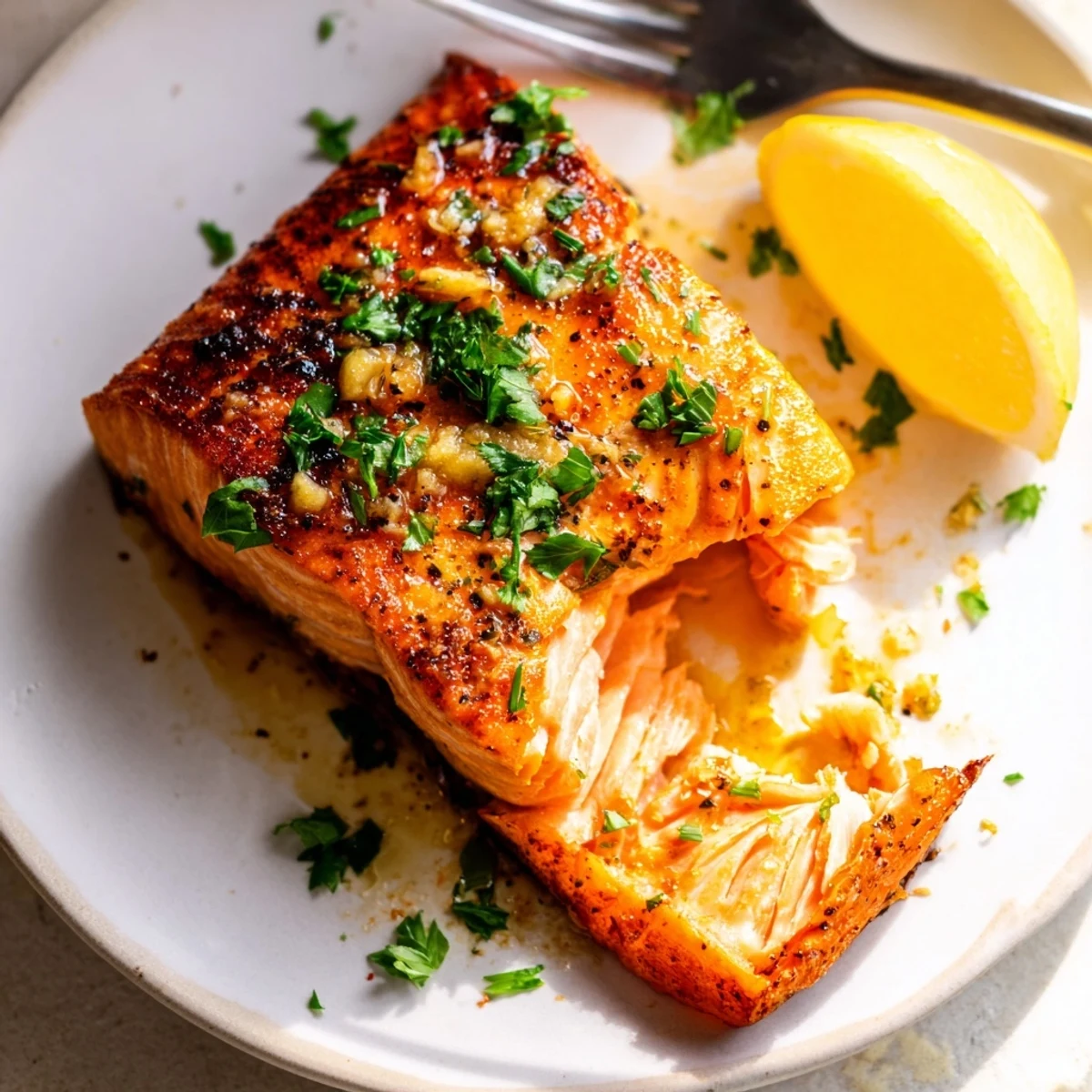 Sizzling garlic butter salmon plated with lemon wedges and a bright herb garnish.