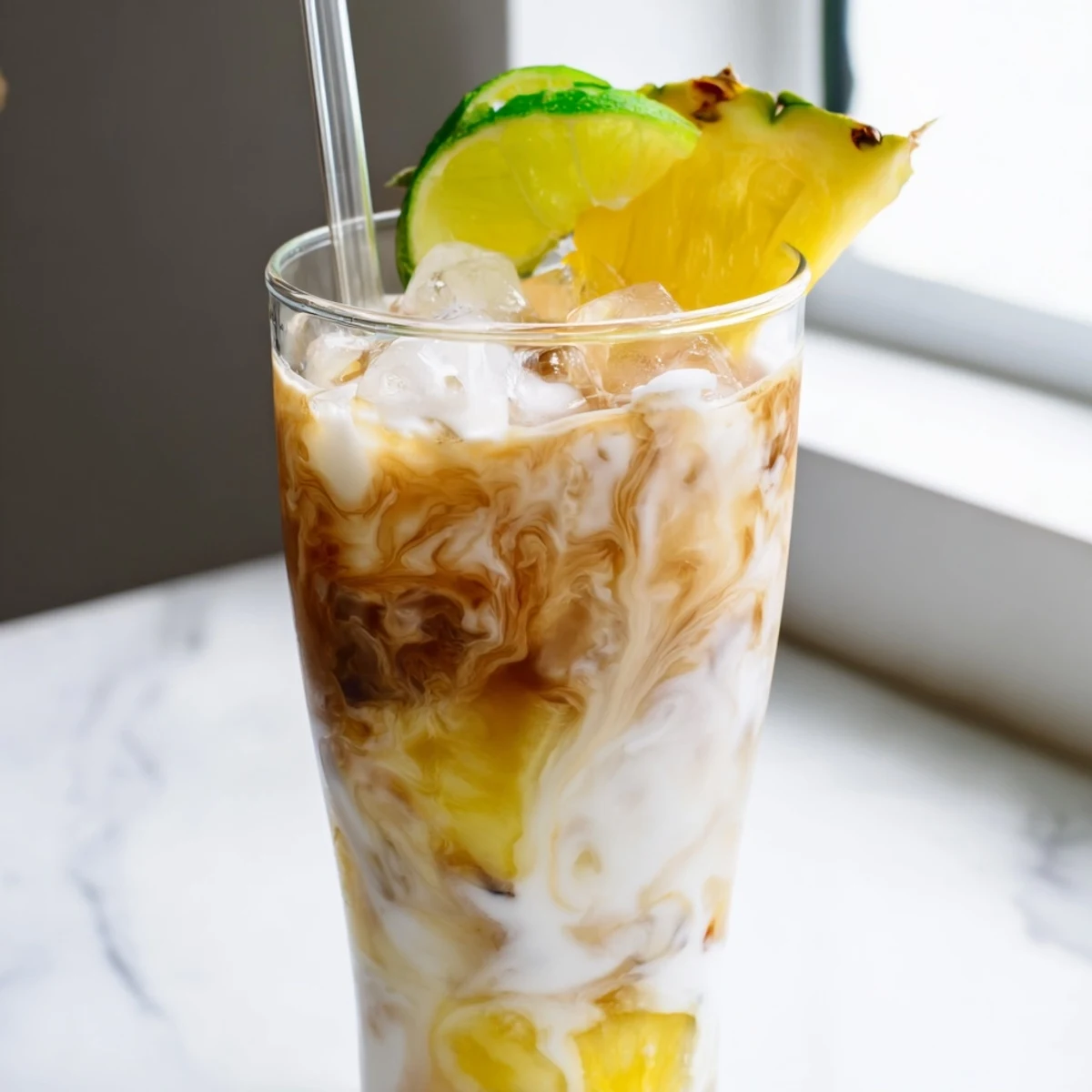 Tropical Thunder Dirty Soda in a tall glass with pineapple wedges and marbled creamy layers
