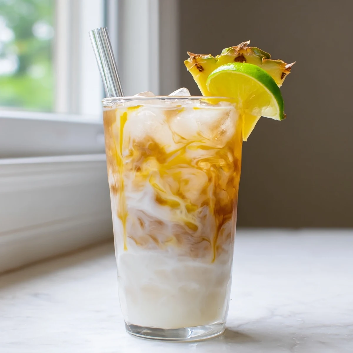Creamy coconut and mango swirl create a marbled Tropical Thunder Dirty Soda over crushed ice