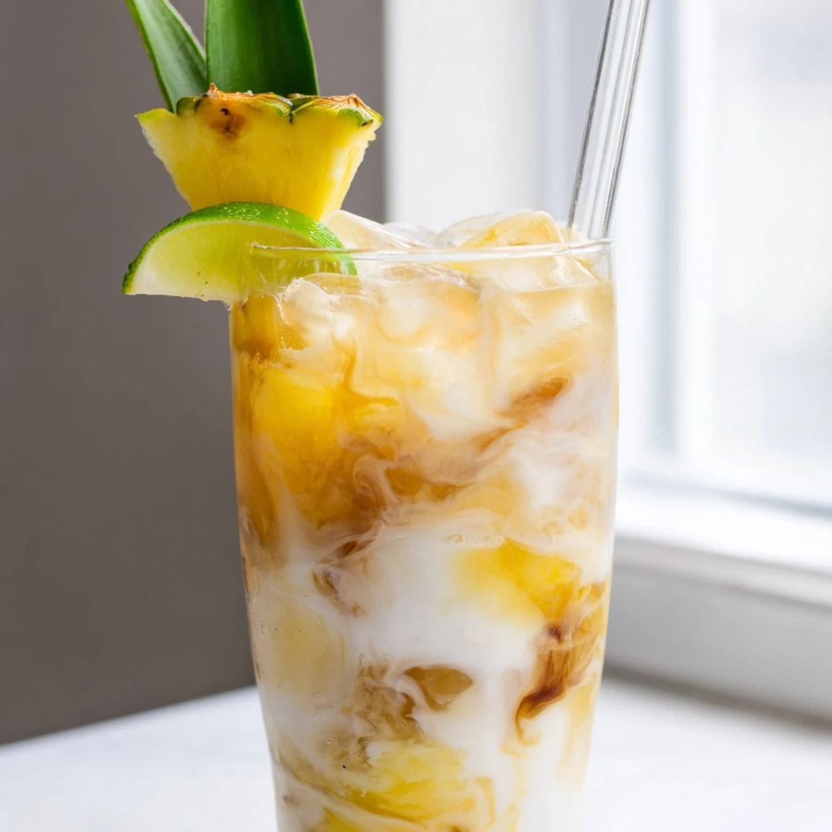 Tall glasses of Tropical Thunder Dirty Soda garnished with fresh lime and golden pineapple chunks