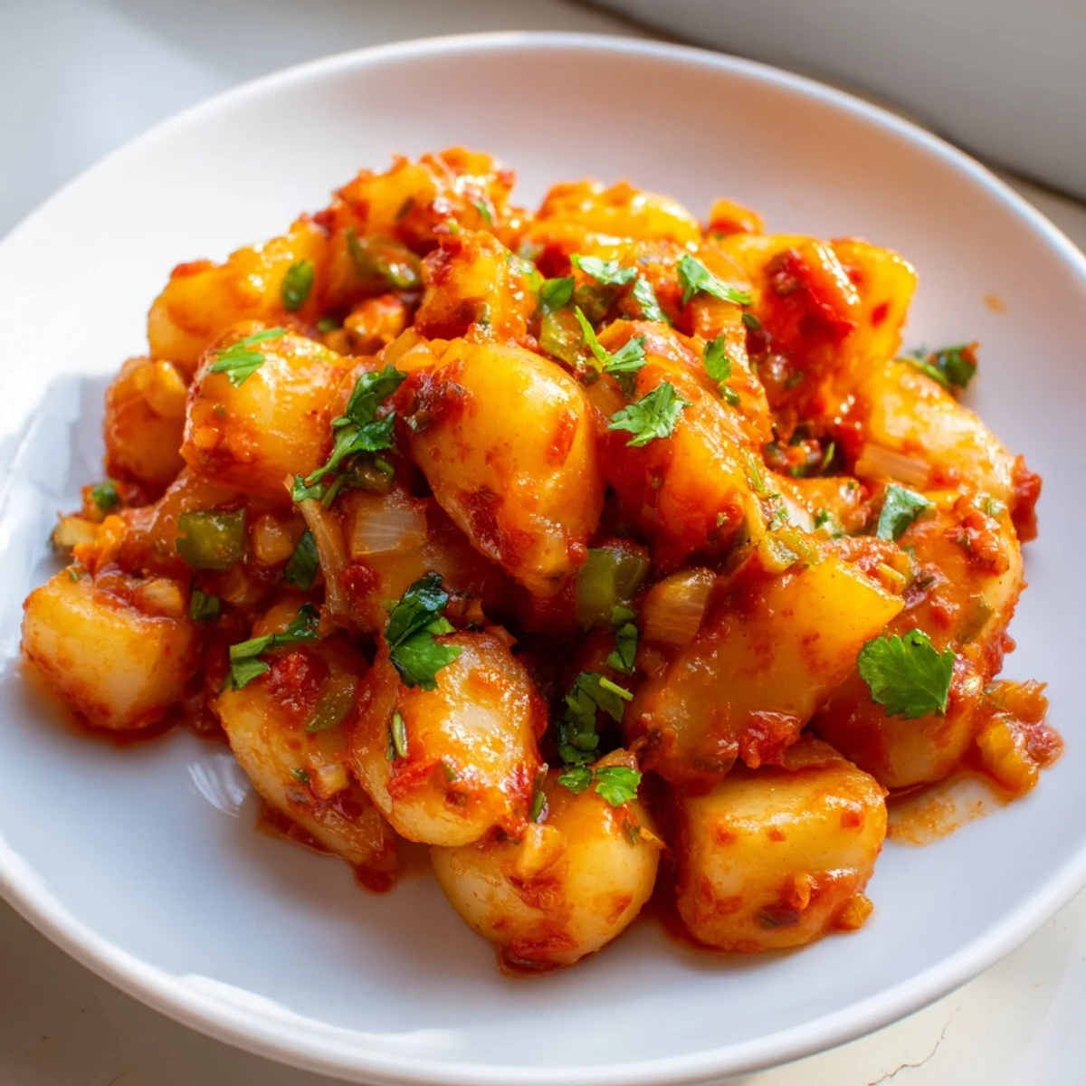 Golden potato cubes smothered in rich red chile sauce in Papas Con Chile
