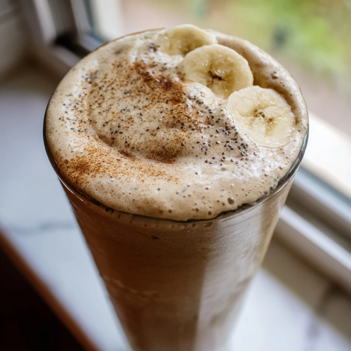Thick banana protein coffee smoothie in a tall glass beside fresh ripe bananas