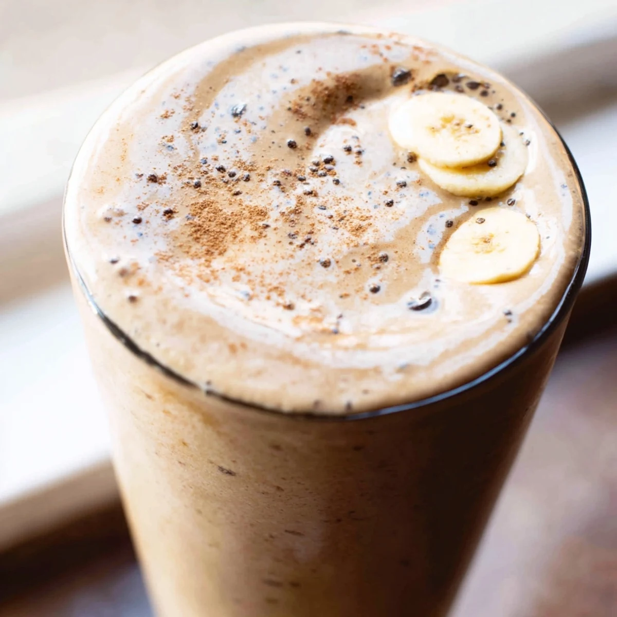 Chilled banana protein coffee smoothie swirled with cinnamon and served ice-cold for breakfast