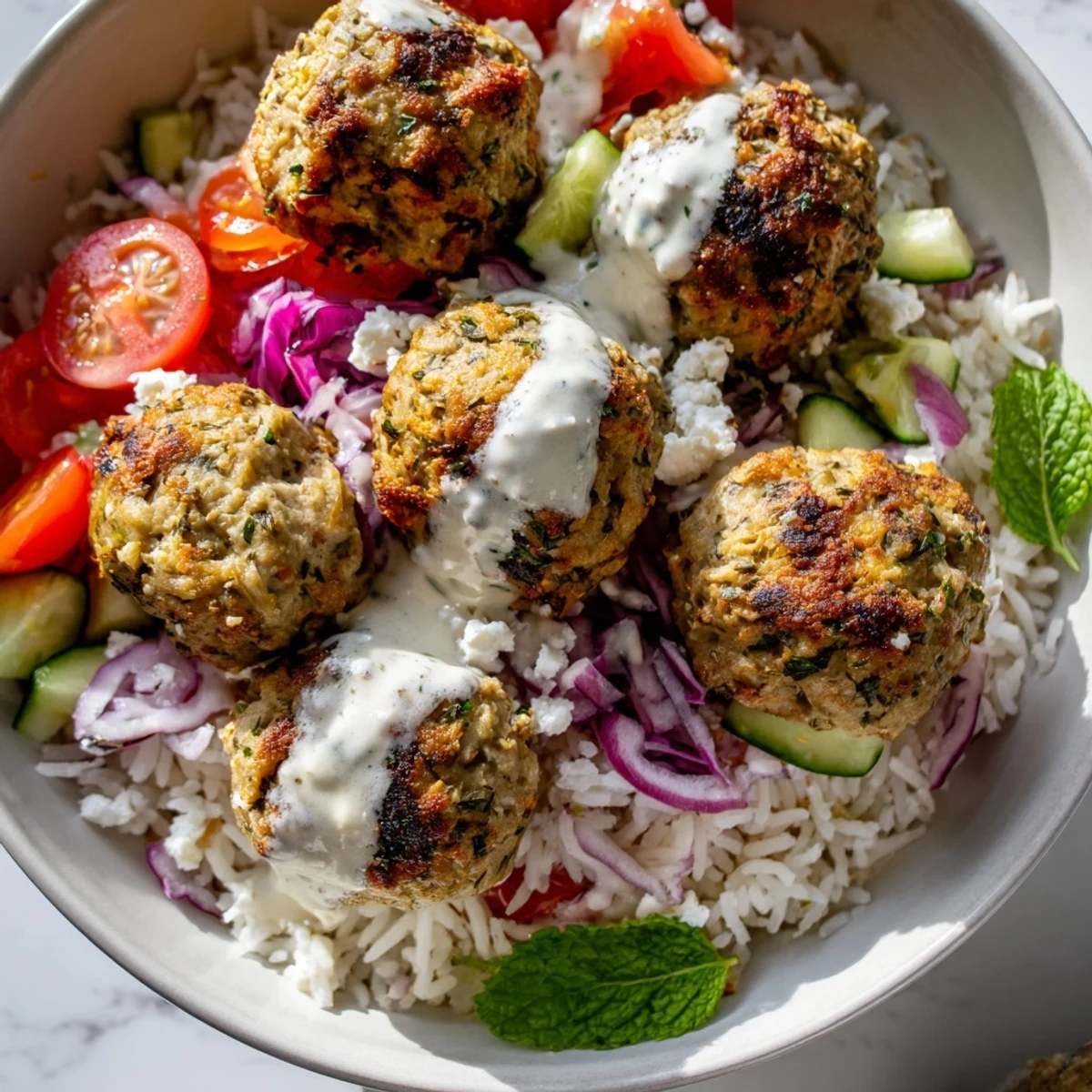 Golden zaatar-spiced turkey meatballs nestled over fluffy rice with crisp vegetables and creamy tahini