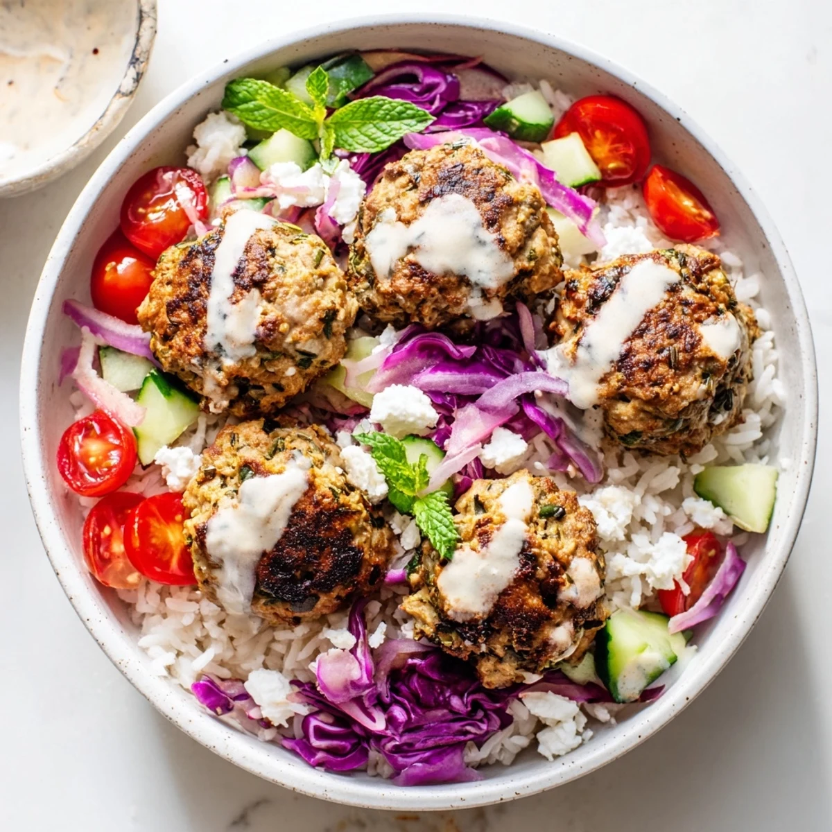 Mediterranean Zaatar Turkey Meatball Bowls topped with vibrant veggies and a smooth tahini drizzle