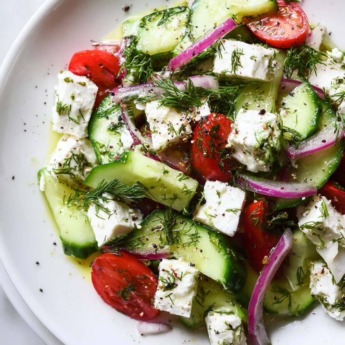 Creamy crumbled feta tops a crisp feta cucumber herb salad on a rustic white plate.