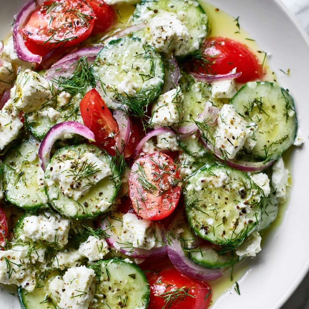 A close-up of feta cucumber herb salad drizzled with olive oil and scattered with torn mint.