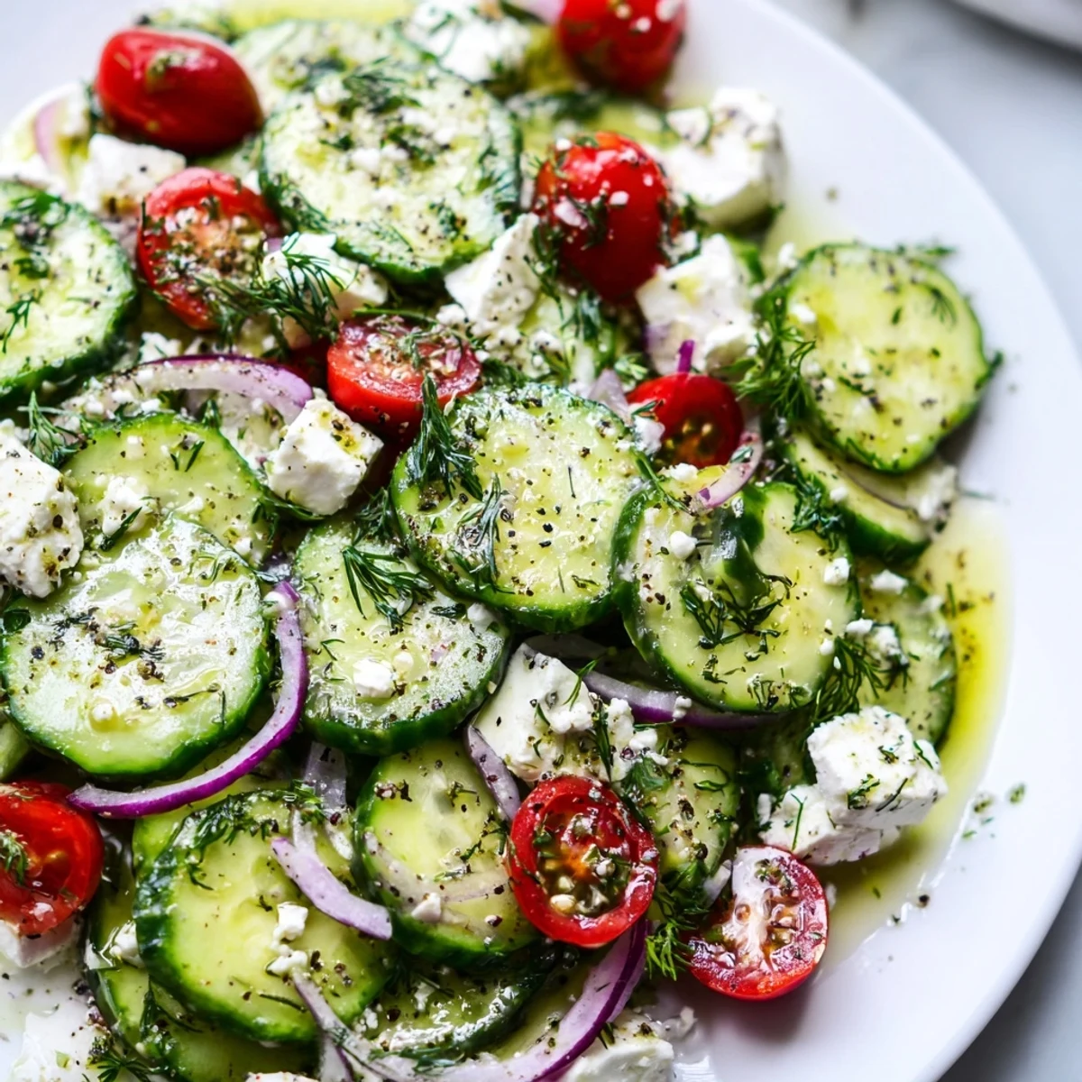 Crunchy sliced cucumbers and juicy tomatoes fill this bright feta cucumber herb salad with fresh dill.