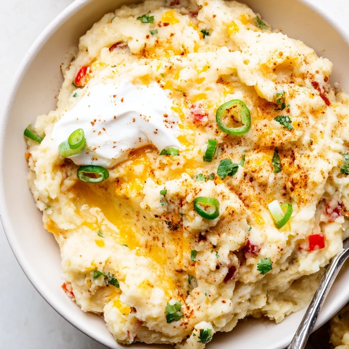 Creamy Tex Mex mashed potatoes topped with melted cheddar and fresh cilantro
