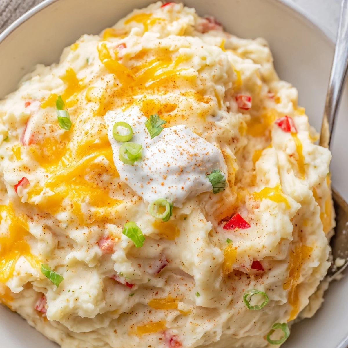 Spiced Tex Mex mashed potatoes with sautéed peppers in a warm rustic bowl