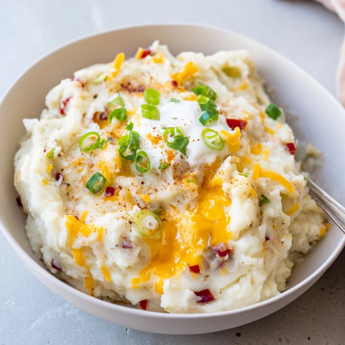 Smooth Tex Mex mashed potatoes loaded with jalapeño, green onions, and smoked paprika