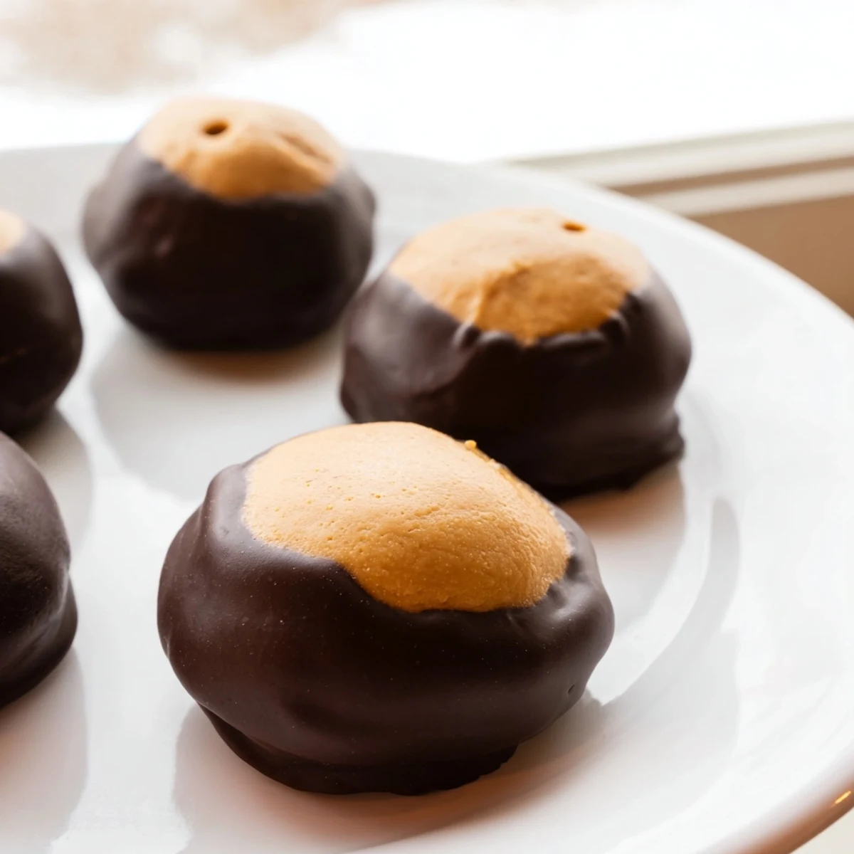 Creamy buckeye cookies with rich chocolate coating on a rustic wooden serving board