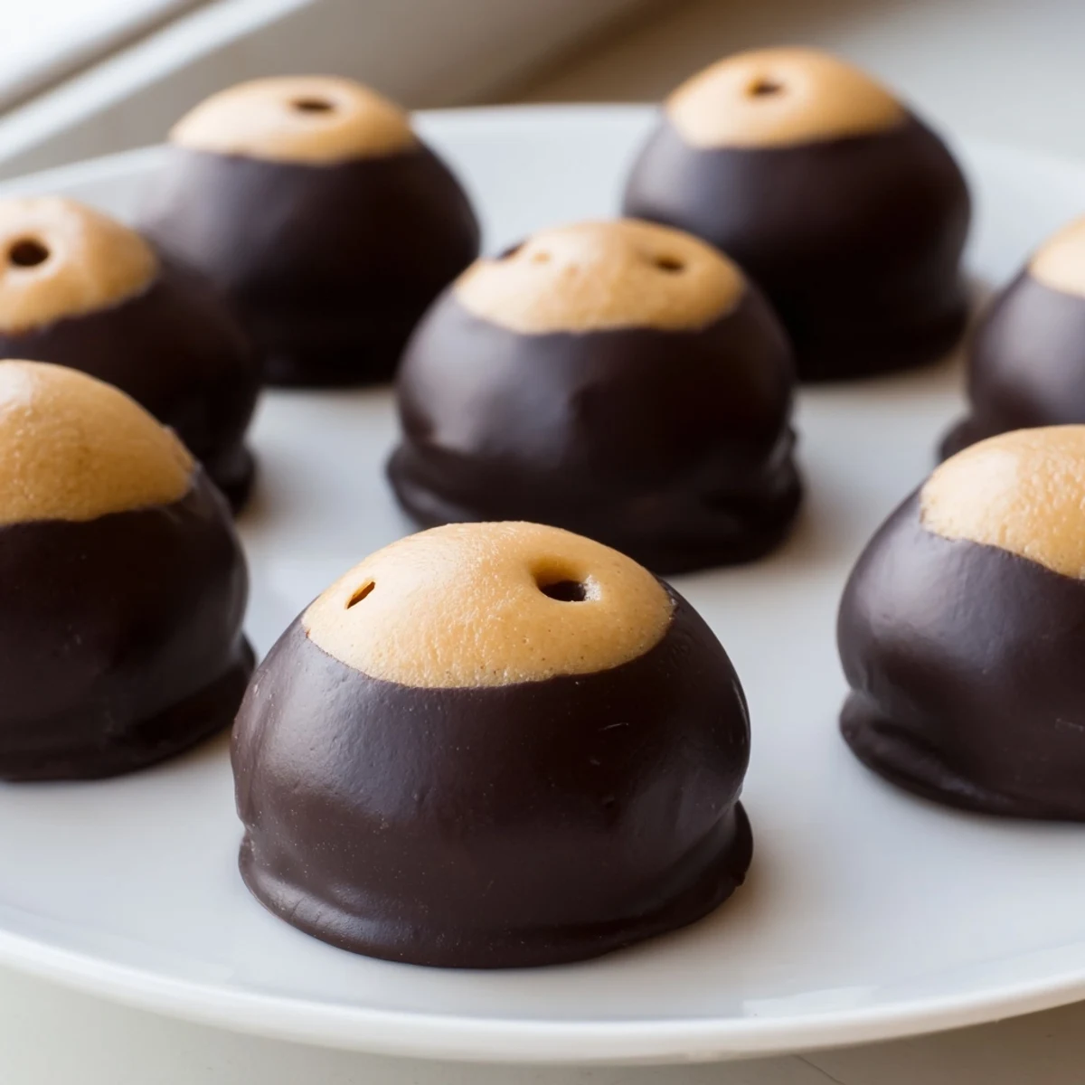 Golden peanut butter buckeye cookies dipped halfway in glossy melted semisweet chocolate