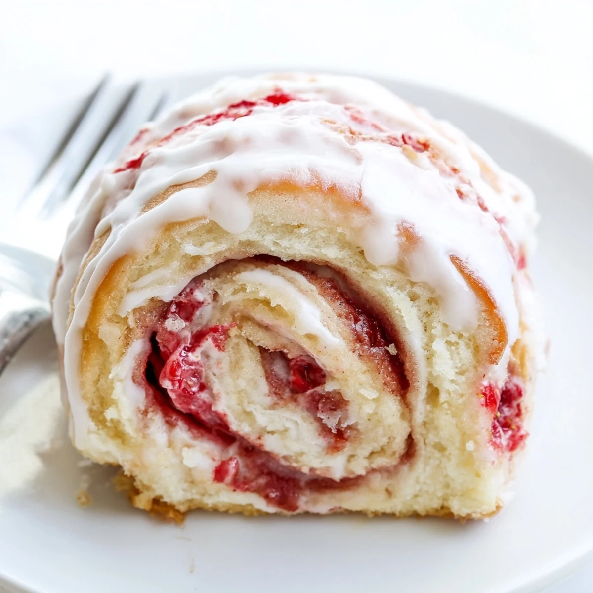 Golden strawberry cheesecake rolls drizzled with sweet vanilla glaze on a rustic plate