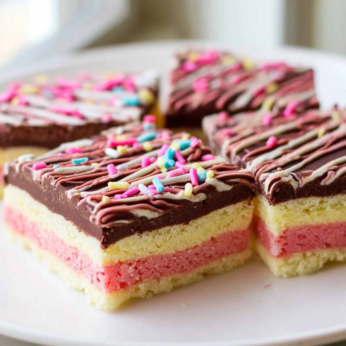 Colorful Neapolitan cookies layered with chocolate, vanilla, and pink strawberry dough sliced into neat squares.