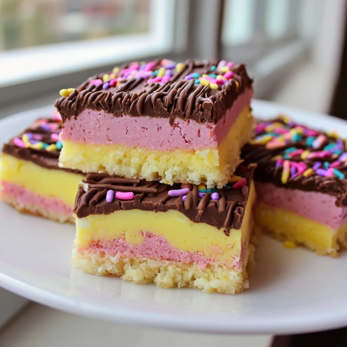 Freshly baked Neapolitan cookies showing tri-colored layers drizzled with melted semisweet chocolate on a cooling rack.