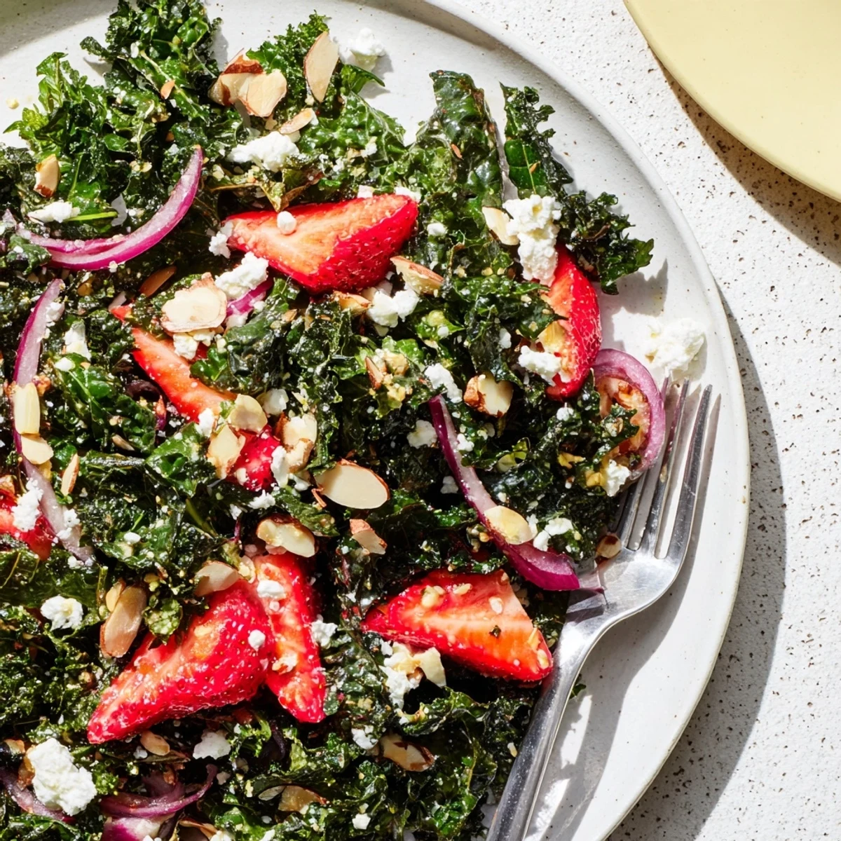 Fresh strawberry kale salad with honey lemon dressing topped with toasted almonds and feta cheese