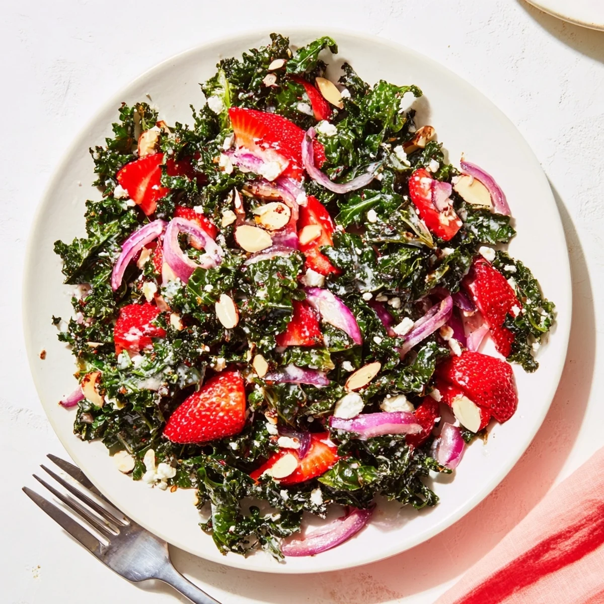 Colorful strawberry kale salad tossed in honey lemon dressing with sliced berries and crumbled feta