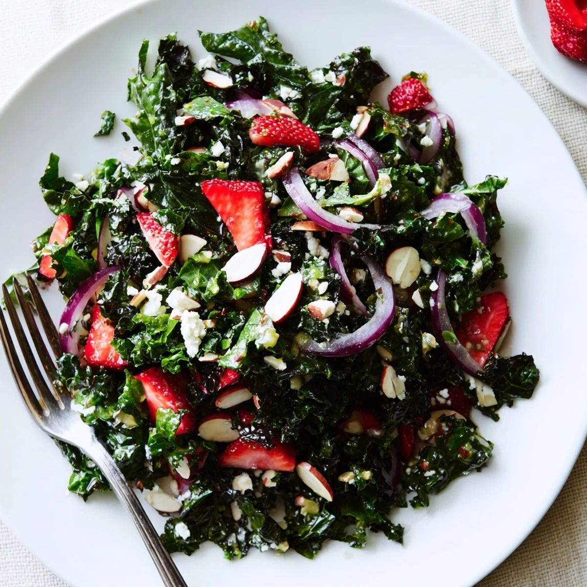 Vibrant strawberry kale salad drizzled with honey lemon dressing served on a rustic wooden board