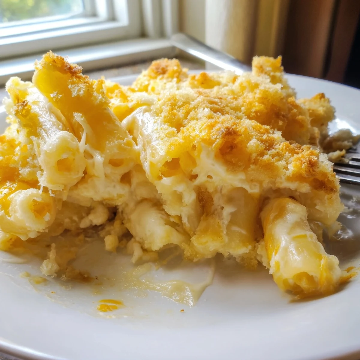 Creamy macaroni cheese with golden breadcrumb topping served steaming in a baking dish