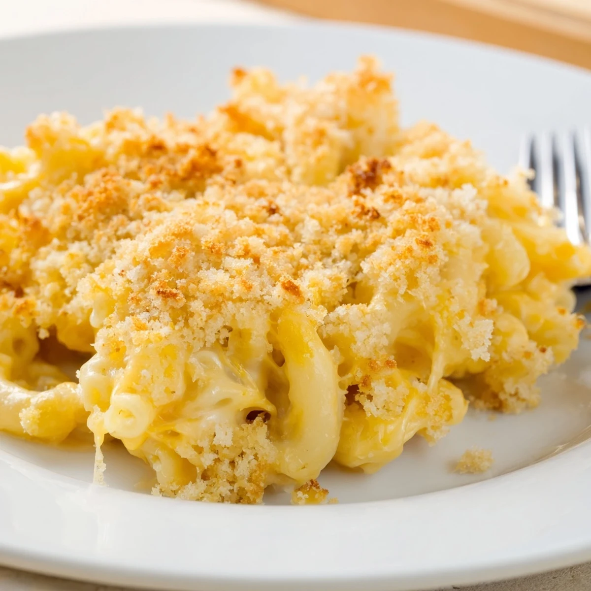 Velvety macaroni cheese scooped from a casserole dish showing stretchy cheese sauce and tender pasta