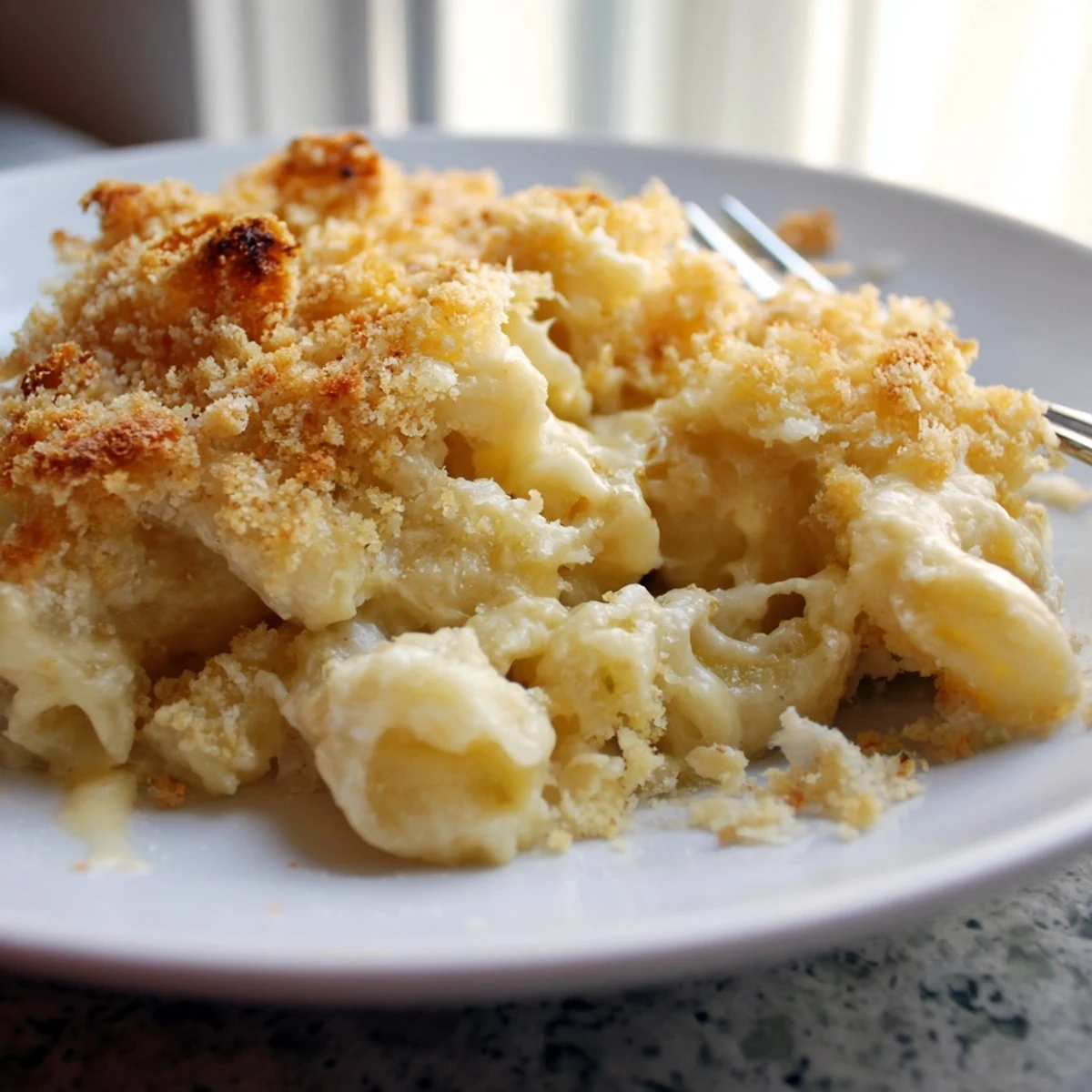 Baked macaroni cheese bubbling with melted cheddar and Gruyère in a cast iron skillet