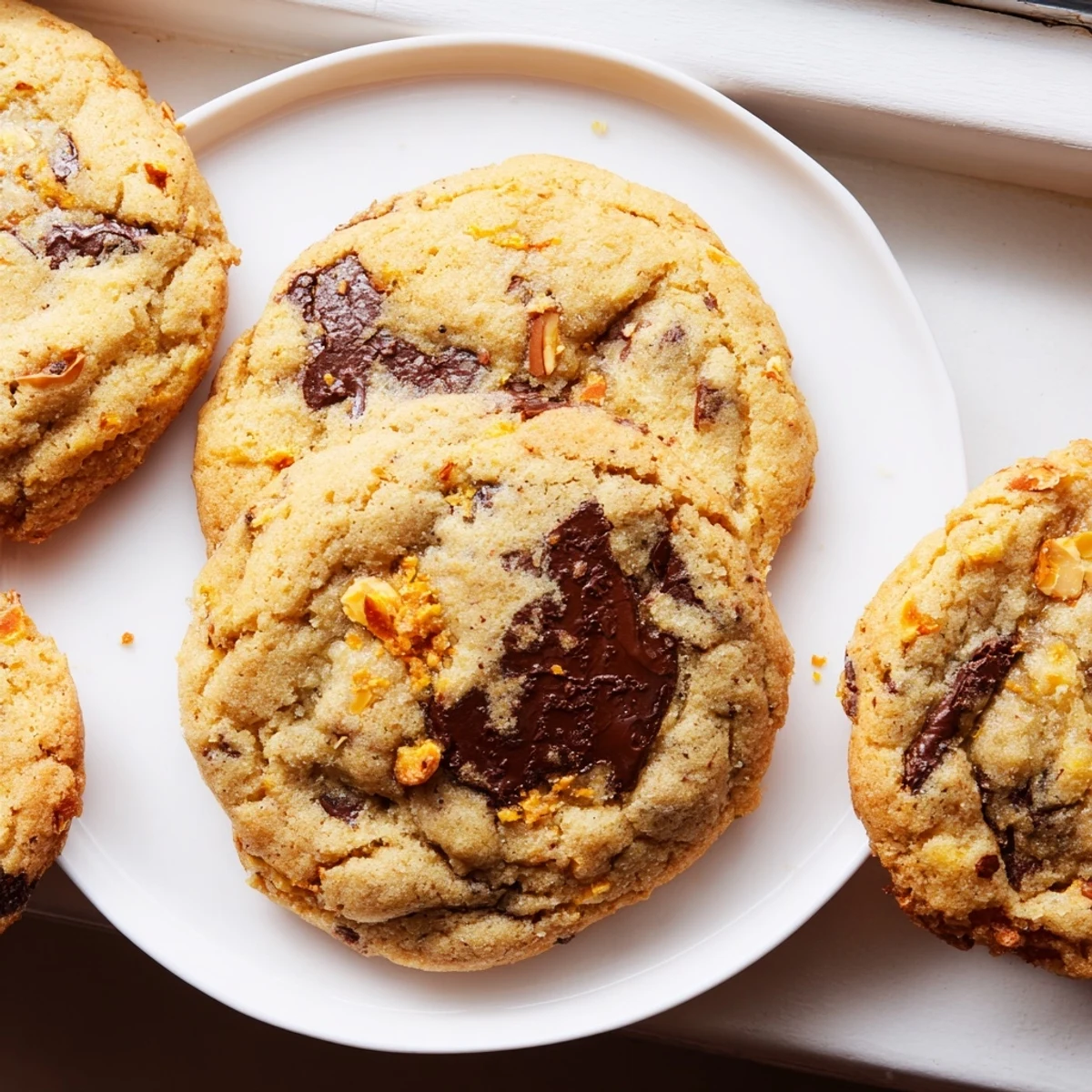 Golden orange almond chocolate chunk cookies fresh from the oven with gooey centers