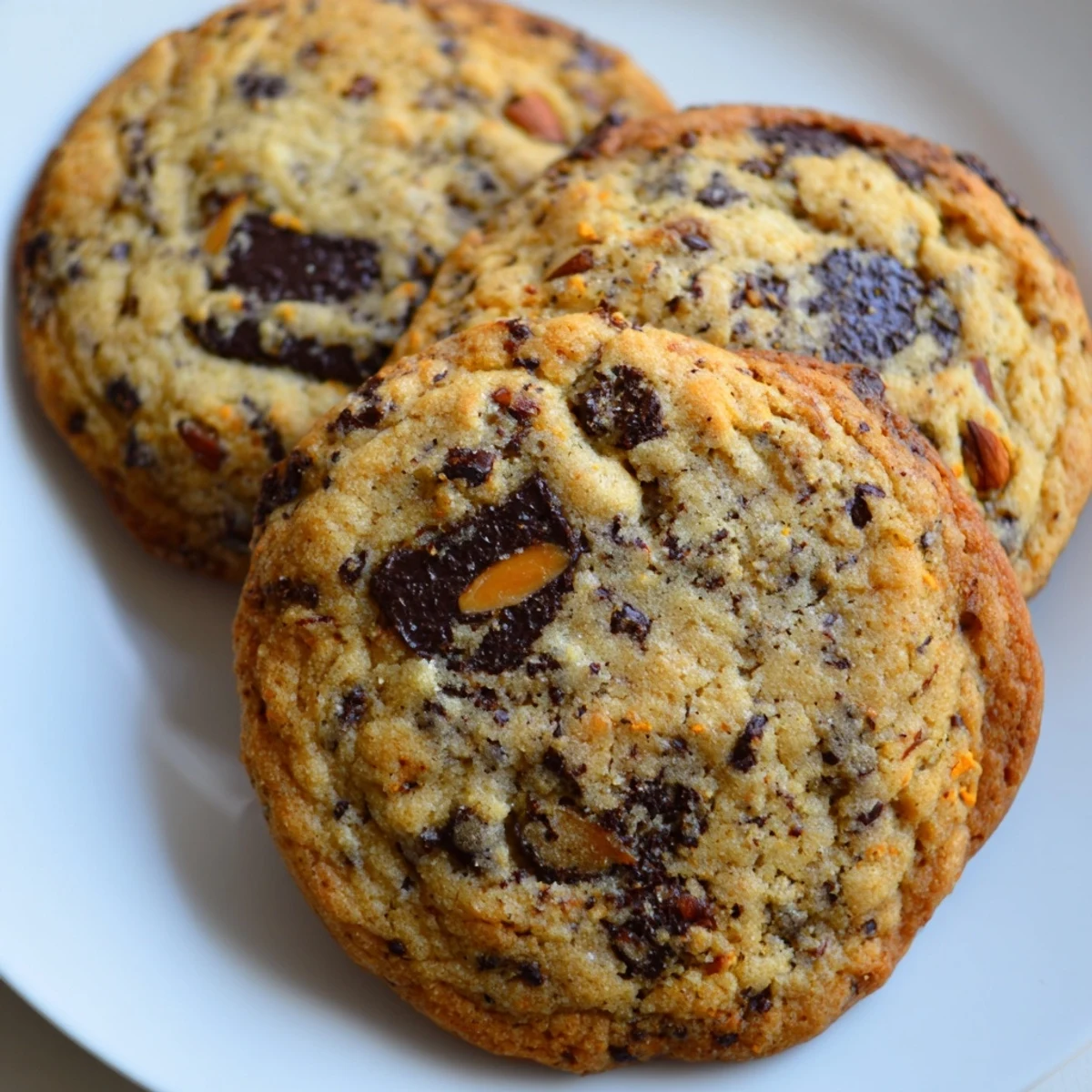 Close-up of orange almond chocolate chunk cookies studded with dark chocolate and crunchy almonds