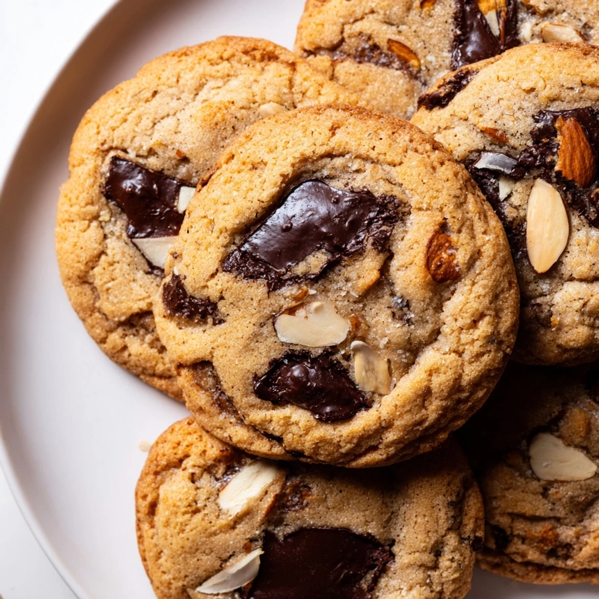 Orange almond chocolate chunk cookies piled on a rustic wire cooling rack