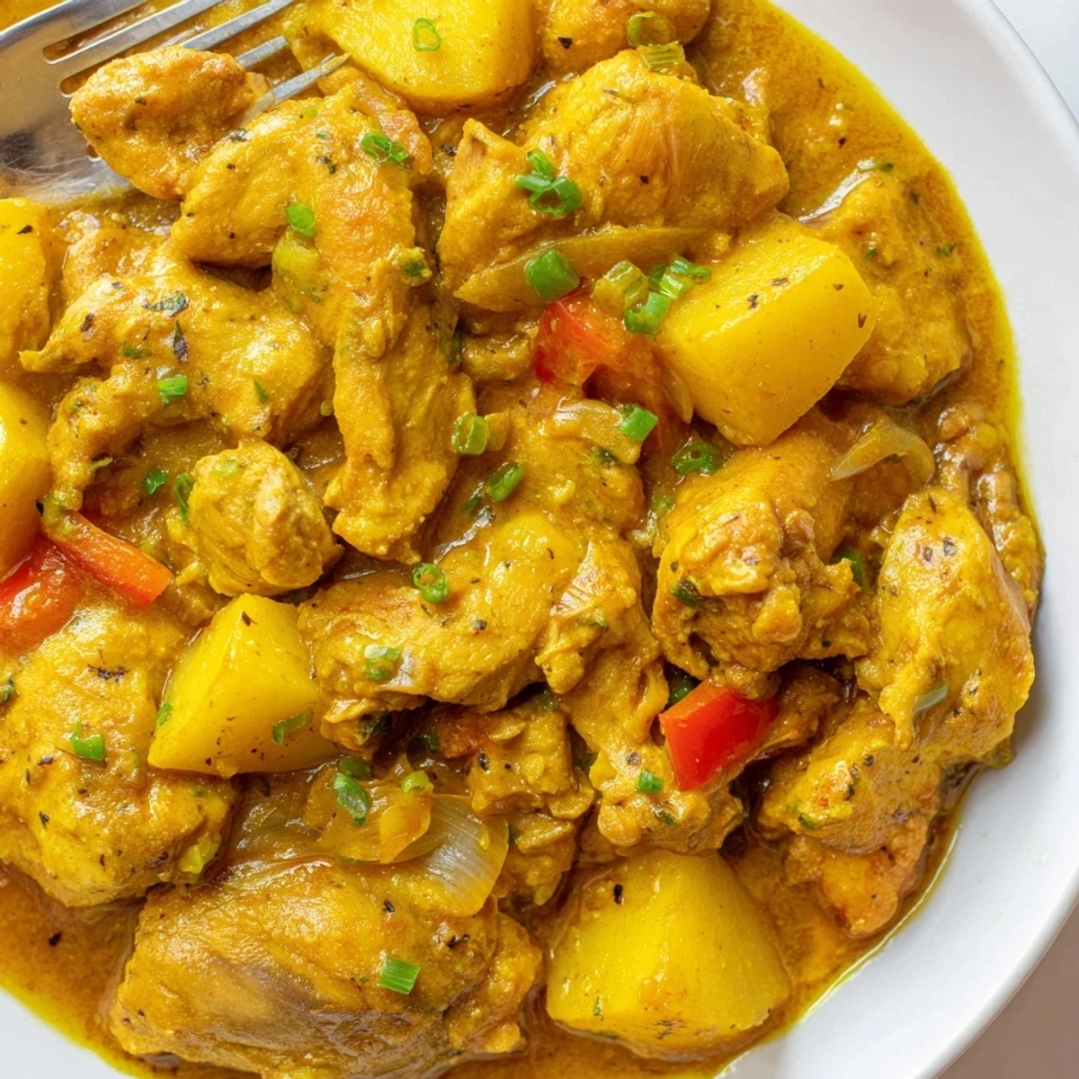 Authentic Jamaican curry chicken simmering in a rich golden spiced sauce with tender potatoes