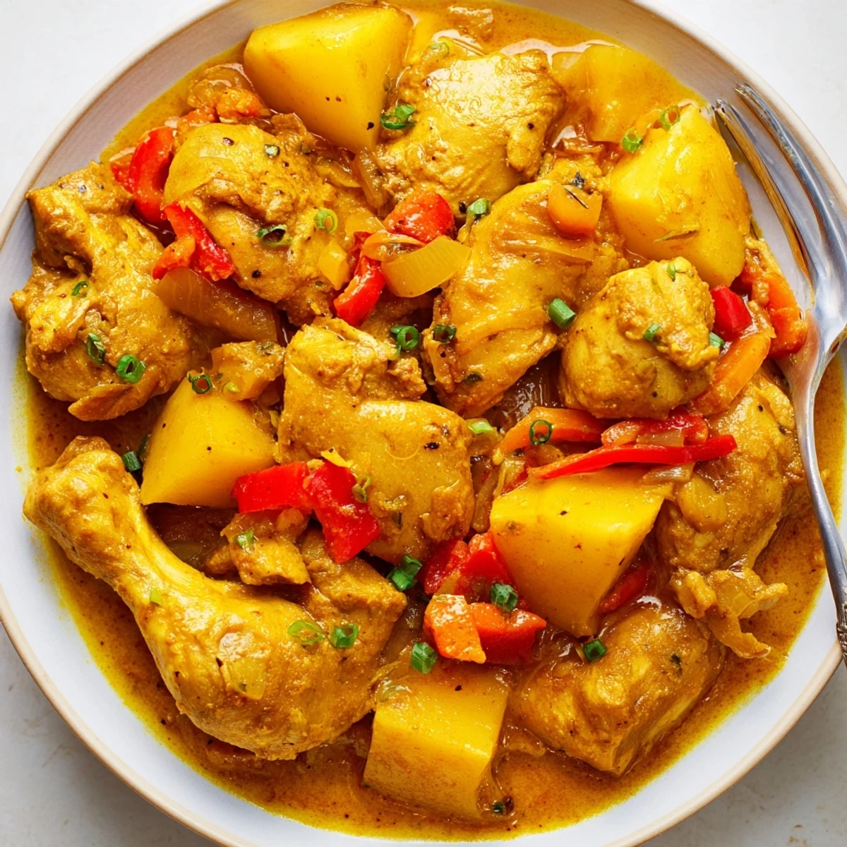 A steaming plate of authentic Jamaican curry chicken served over fluffy white rice