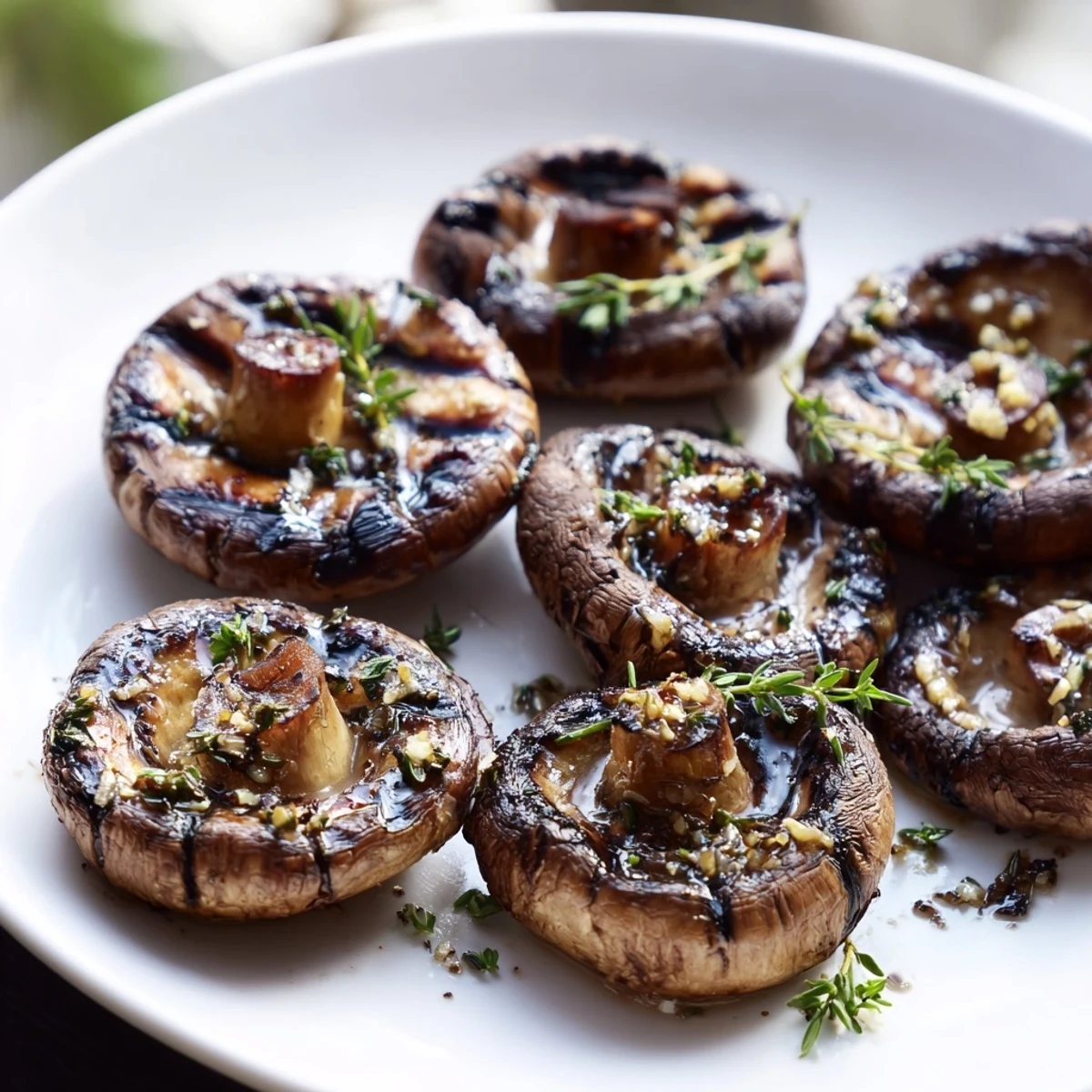Juicy garlic butter grilled mushrooms with charred edges on a rustic wooden board