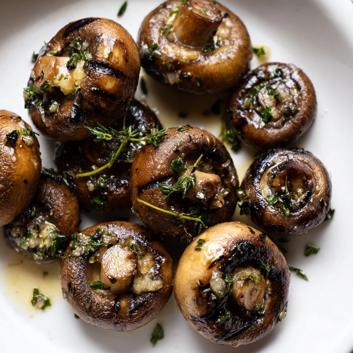 Golden steakhouse garlic butter mushrooms sizzling hot off the grill pan