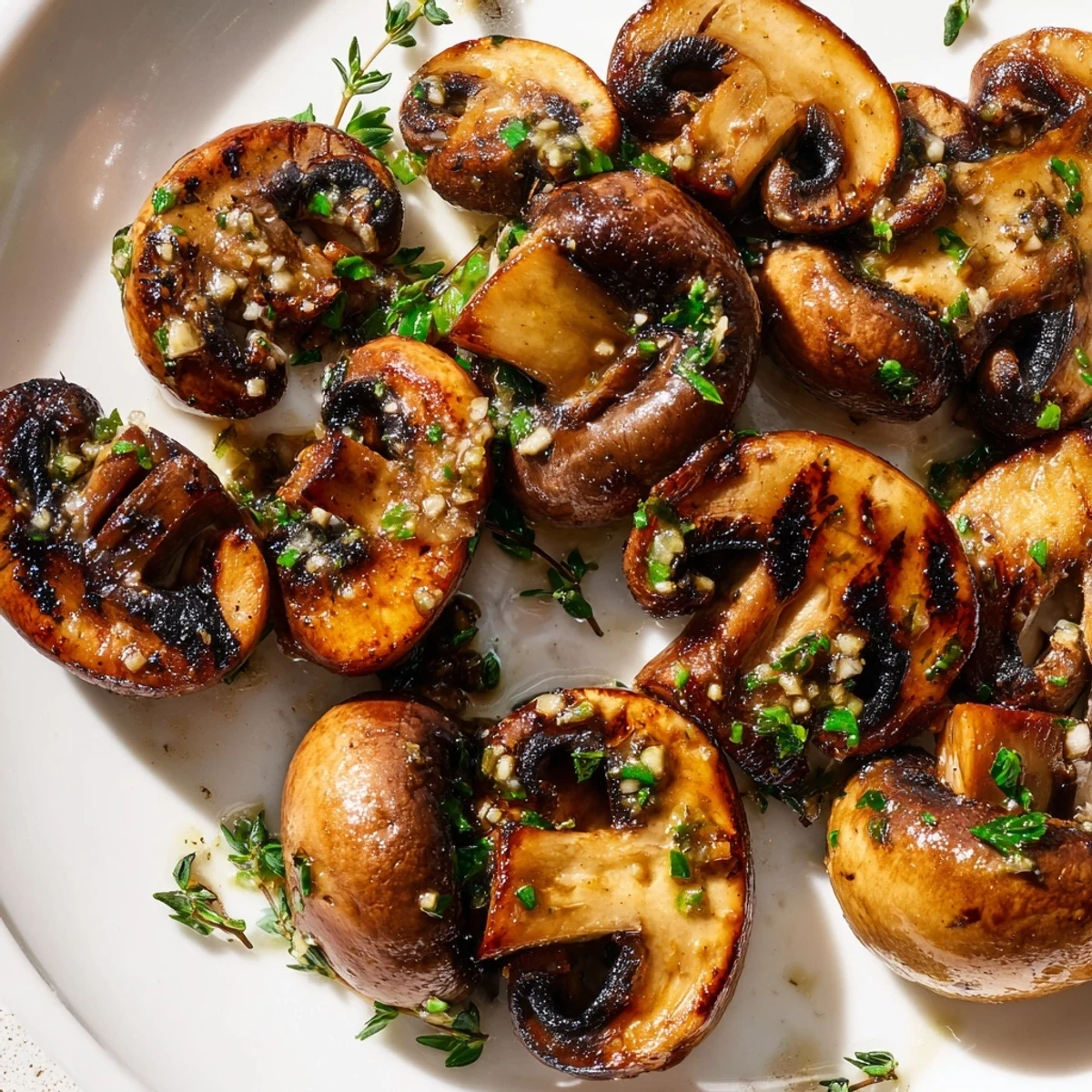 Tender marinated grilled mushrooms glistening with garlic butter and fresh herbs