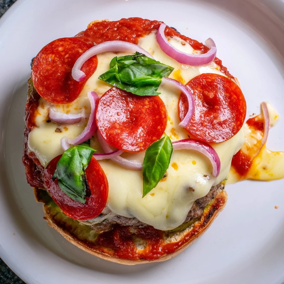 Sizzling pizza burgers with gooey cheese, rich marinara sauce, and fresh basil on golden buns