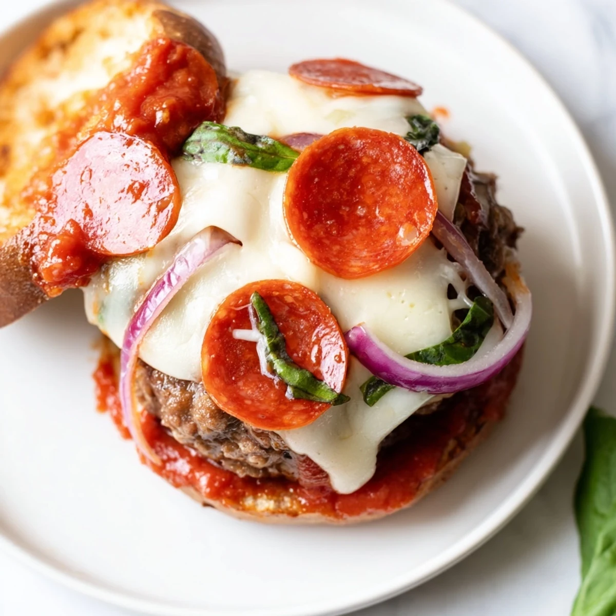 Juicy pizza burgers topped with melted mozzarella, pepperoni, and colorful bell peppers on toasted buns