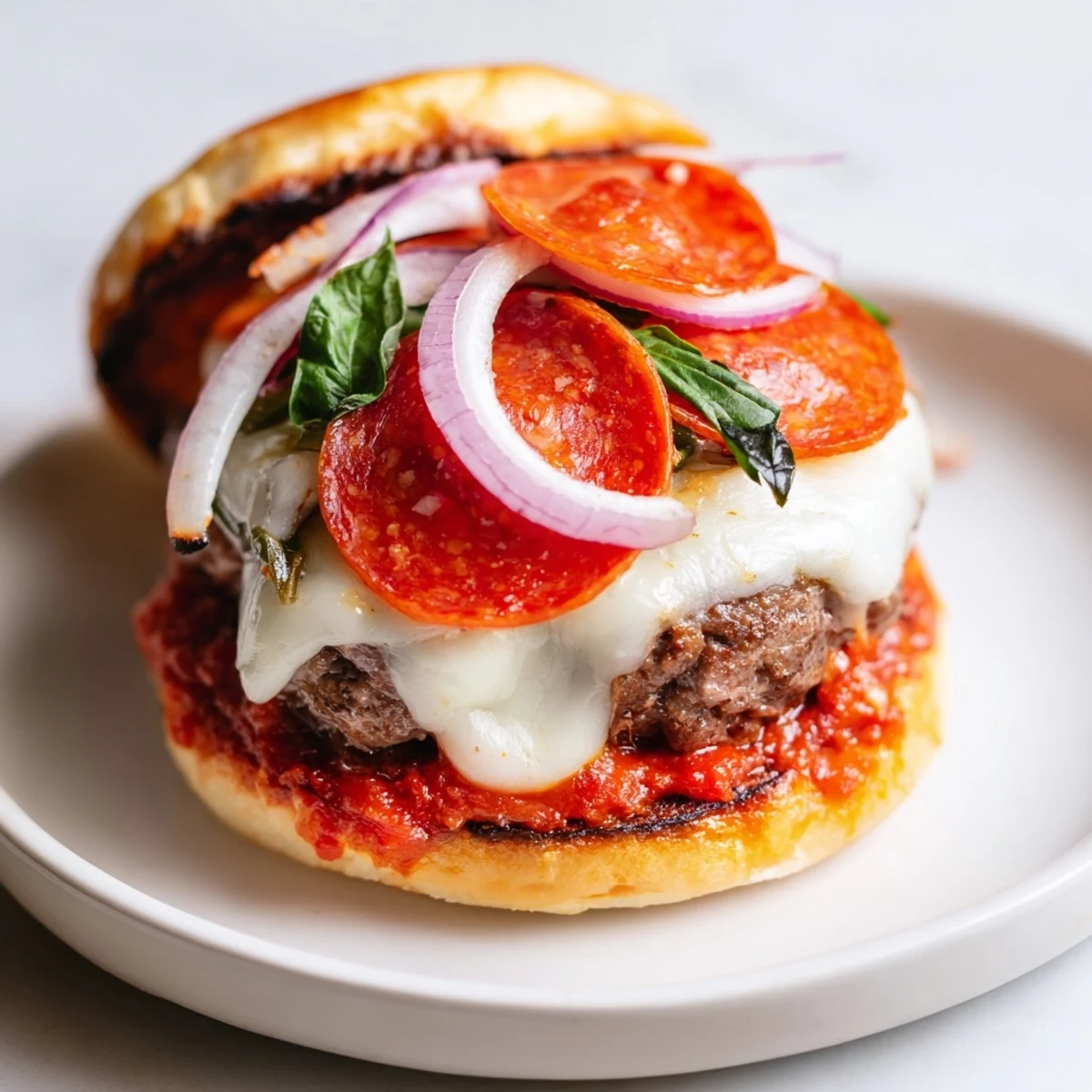 Thick beef pizza burgers loaded with pepperoni, bubbling mozzarella, and crisp onion slices
