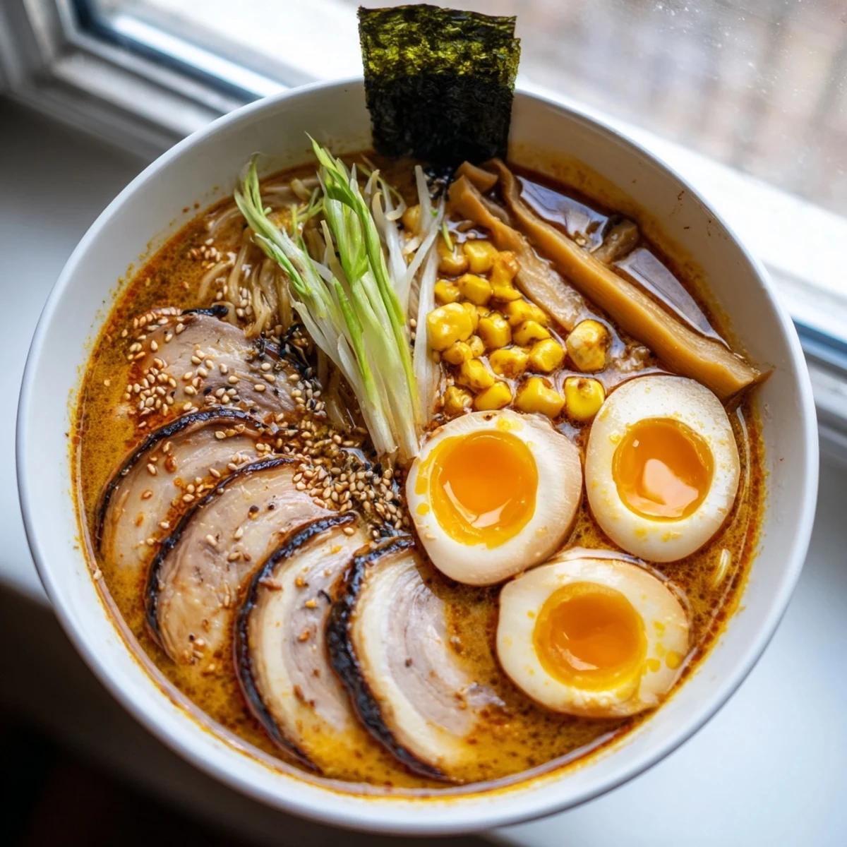 Steaming bowl of homemade ramen with sliced pork, soft-boiled egg, and nori