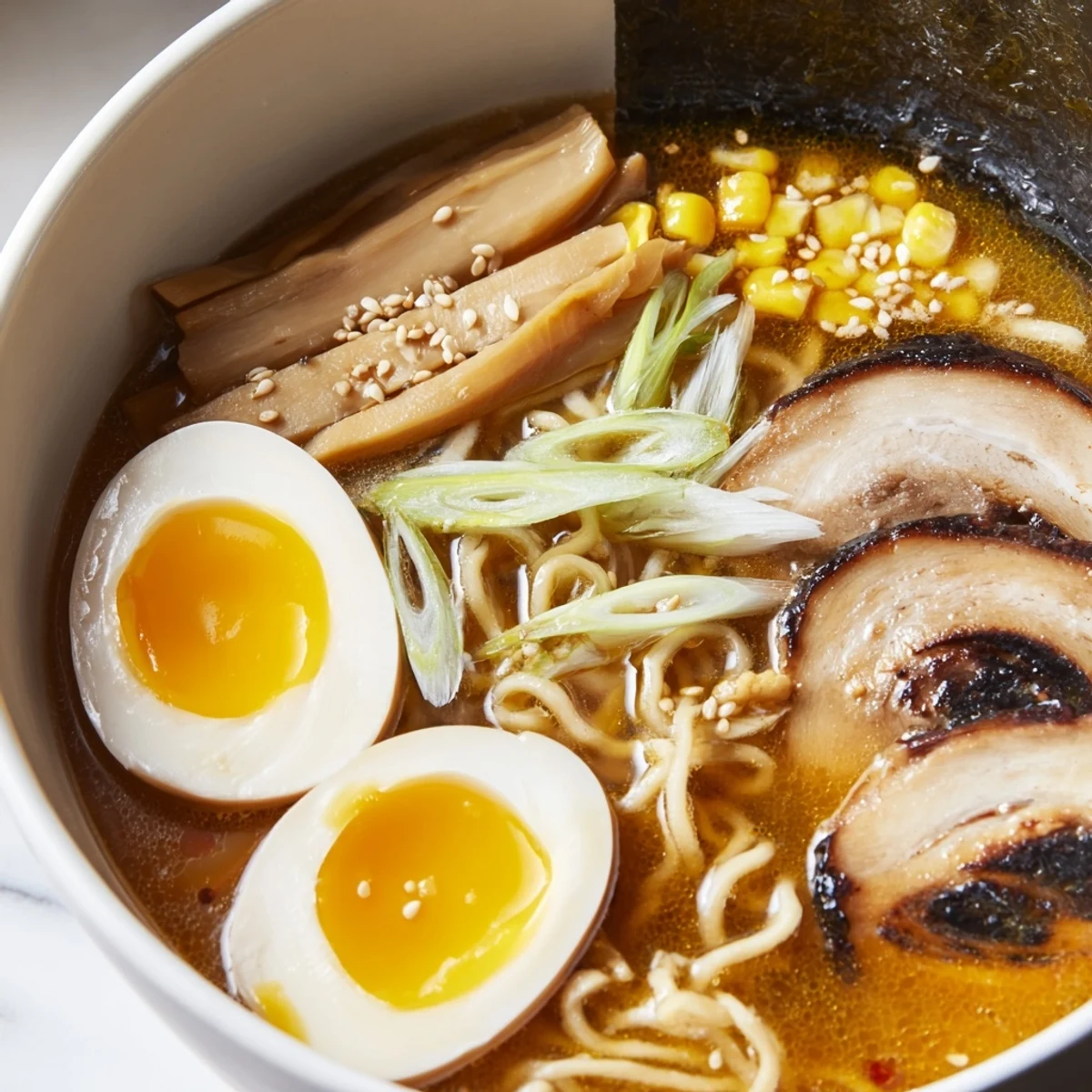 Fresh ramen in savory miso broth garnished with sesame seeds and bamboo shoots