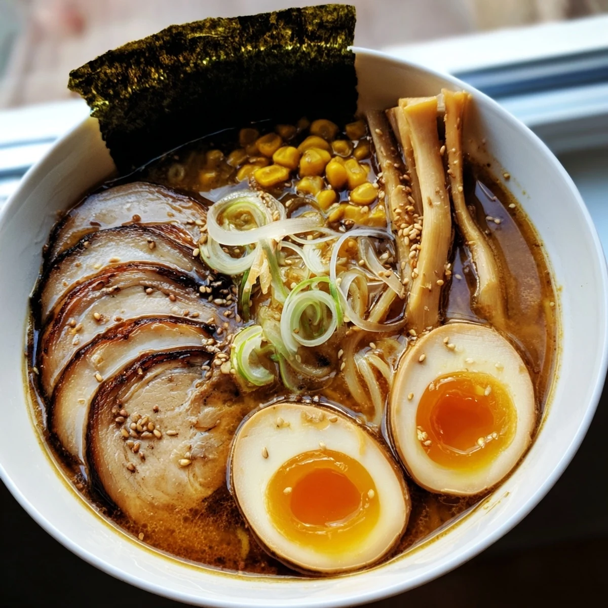 Rich ramen noodle soup topped with mushrooms, scallions, and halved soft-boiled egg