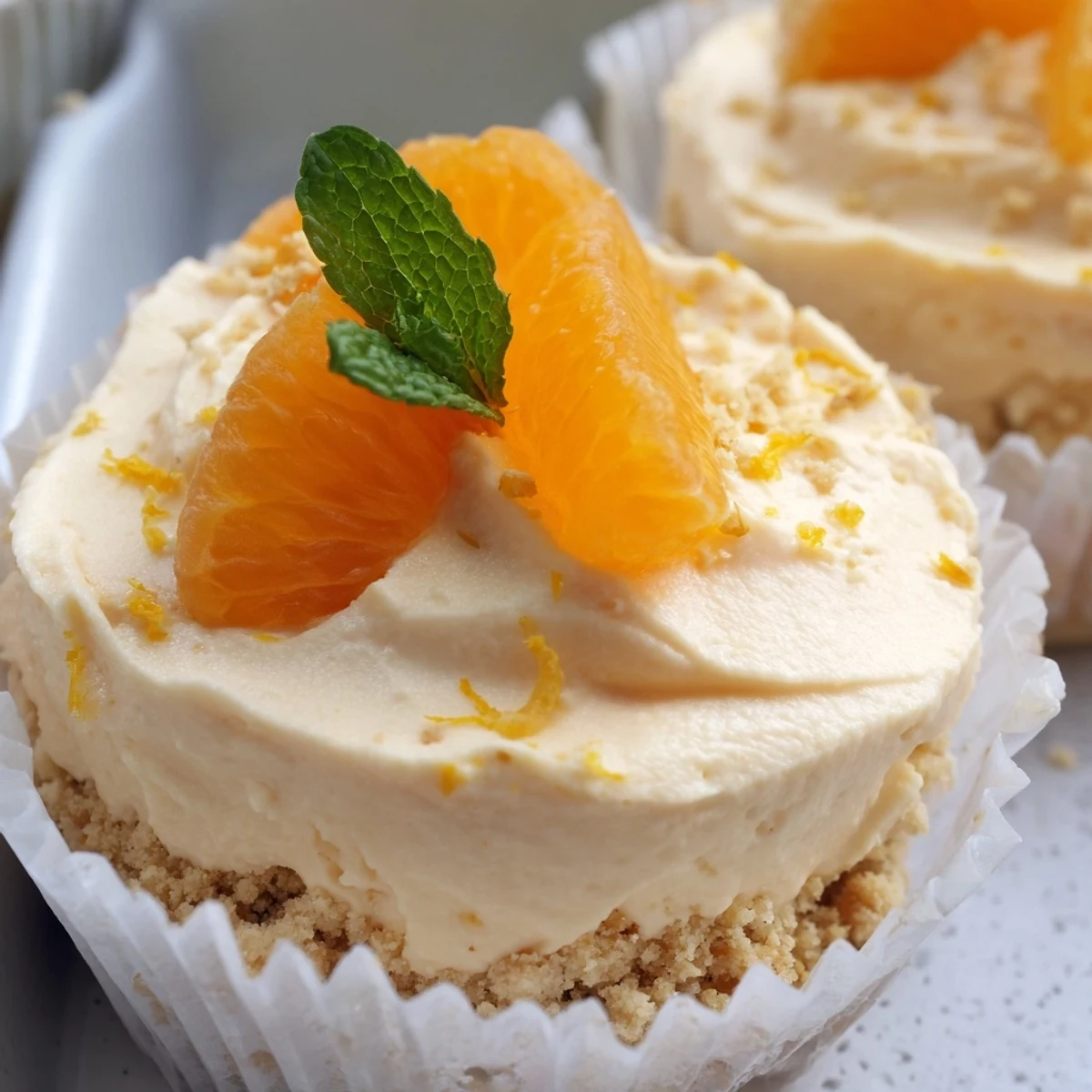 Golden biscuit crust cups filled with smooth citrus cream and bright orange zest